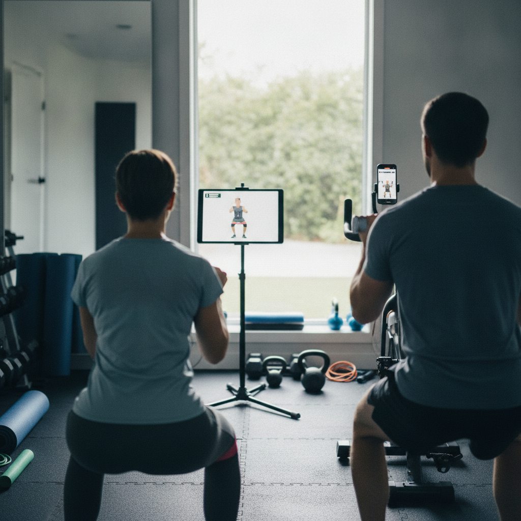 Create a realistic, professional service-business photograph showing Online Personal Fitness Training from behind, with the backs of their heads visible. Do not show any faces, facial features, front-facing views or side views, profiles, or